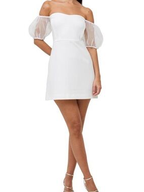 French Connection White Off-Shoulder Mini Dress with Sheer Puff Sleeves